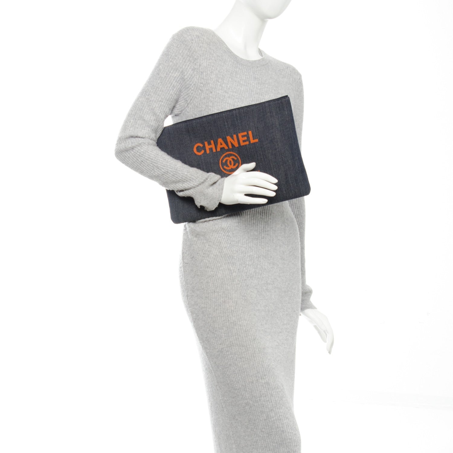 Chanel Denim Large Deauville Pouch Clutch Blue Orange 2 of 7
