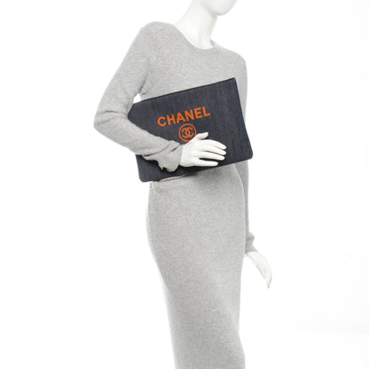 Chanel Denim Large Deauville Pouch Clutch Blue Orange 2 of 7