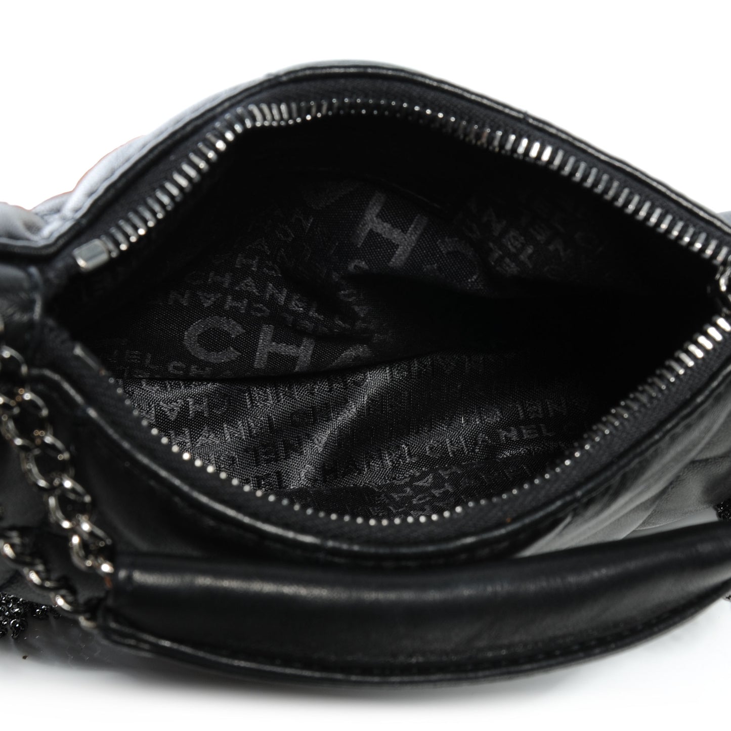 Lambskin Square Quilted Chain Fringe Pochette Black