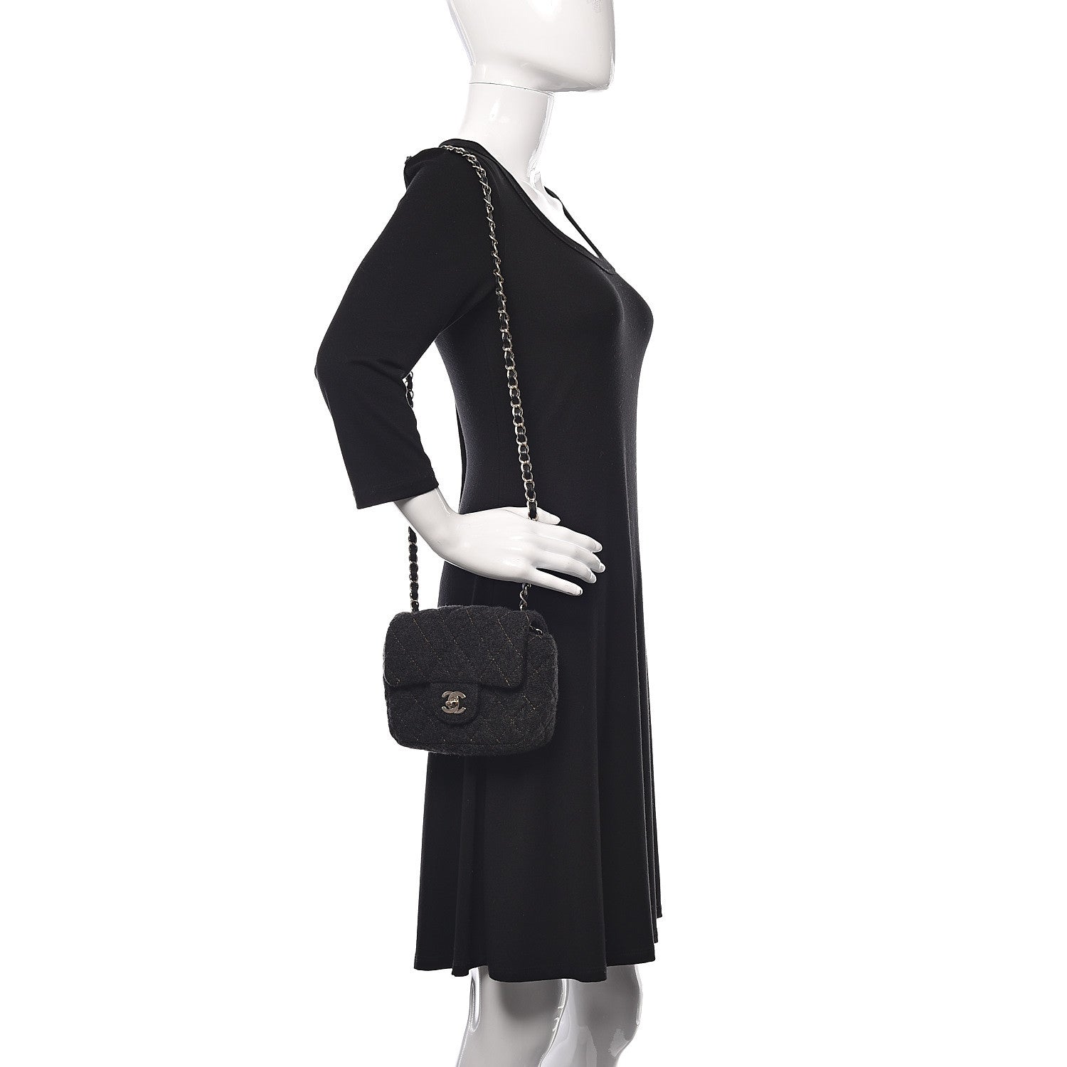 Chanel Wool Contrast Stitch Mini Square Flap Charcoal 2 of 10