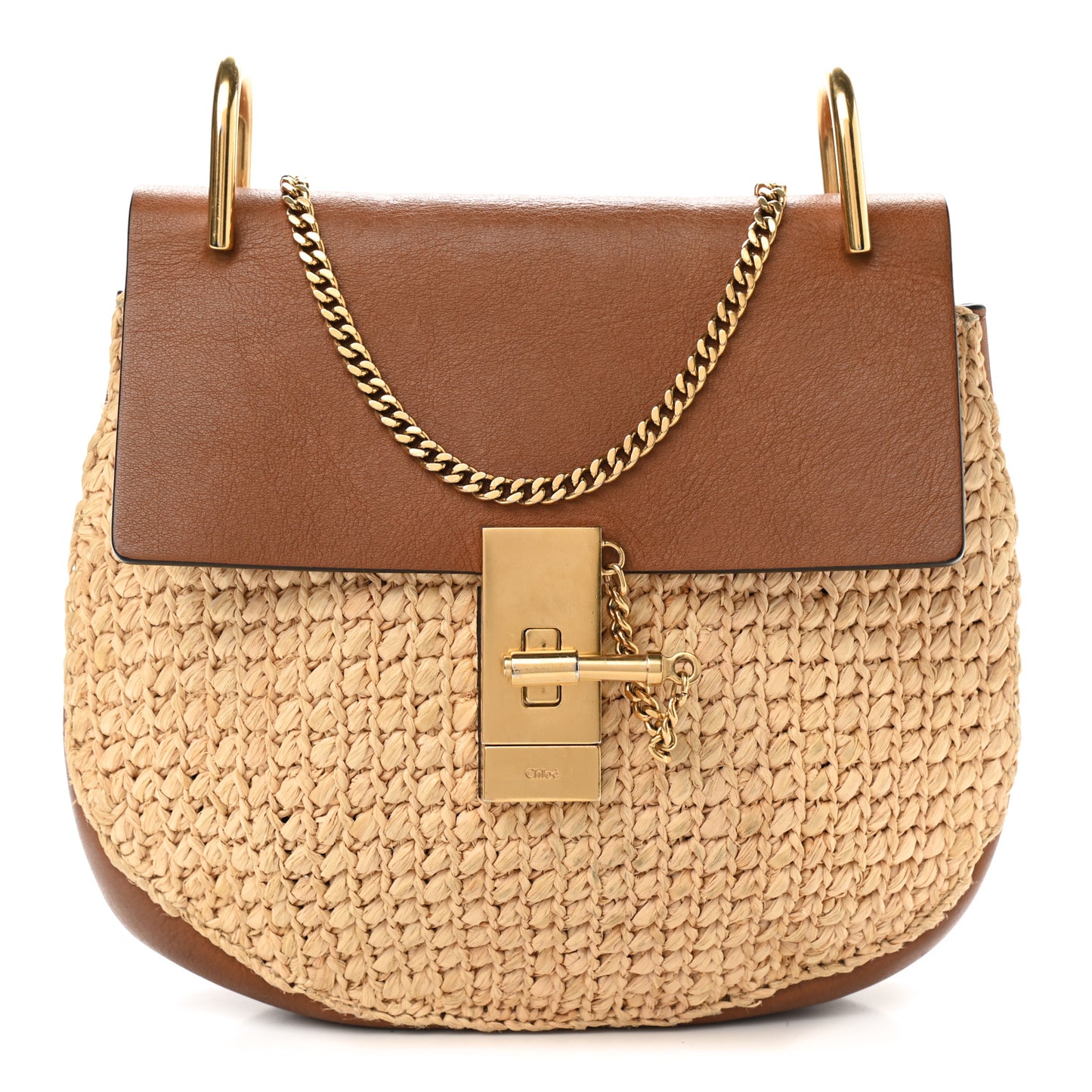 Calfskin Raffia Drew Chain Shoulder Bag Caramel