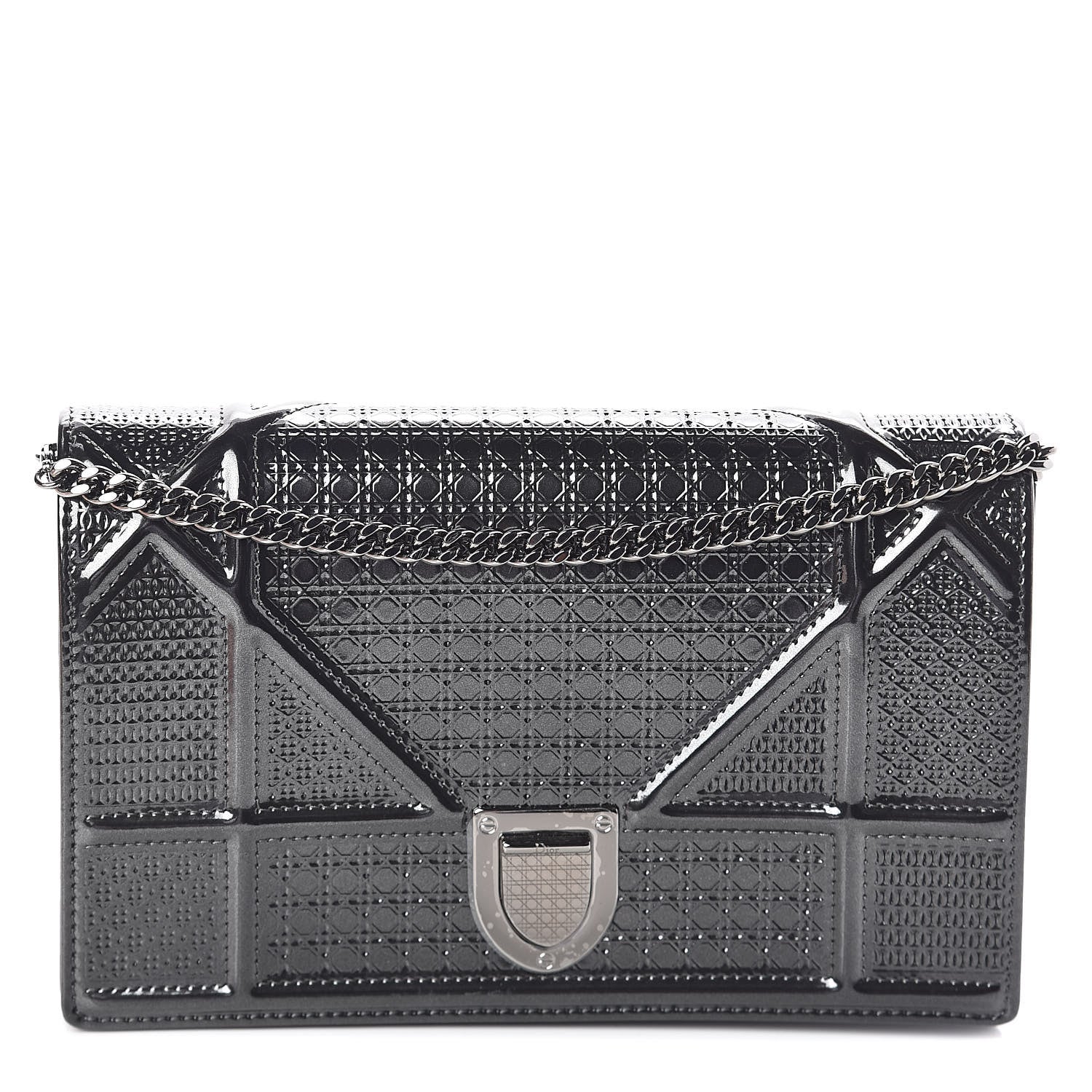 Christian Dior Metallic Patent Micro-Cannage Diorama Wallet on Chain Pouch Onyx Black 1 of 9