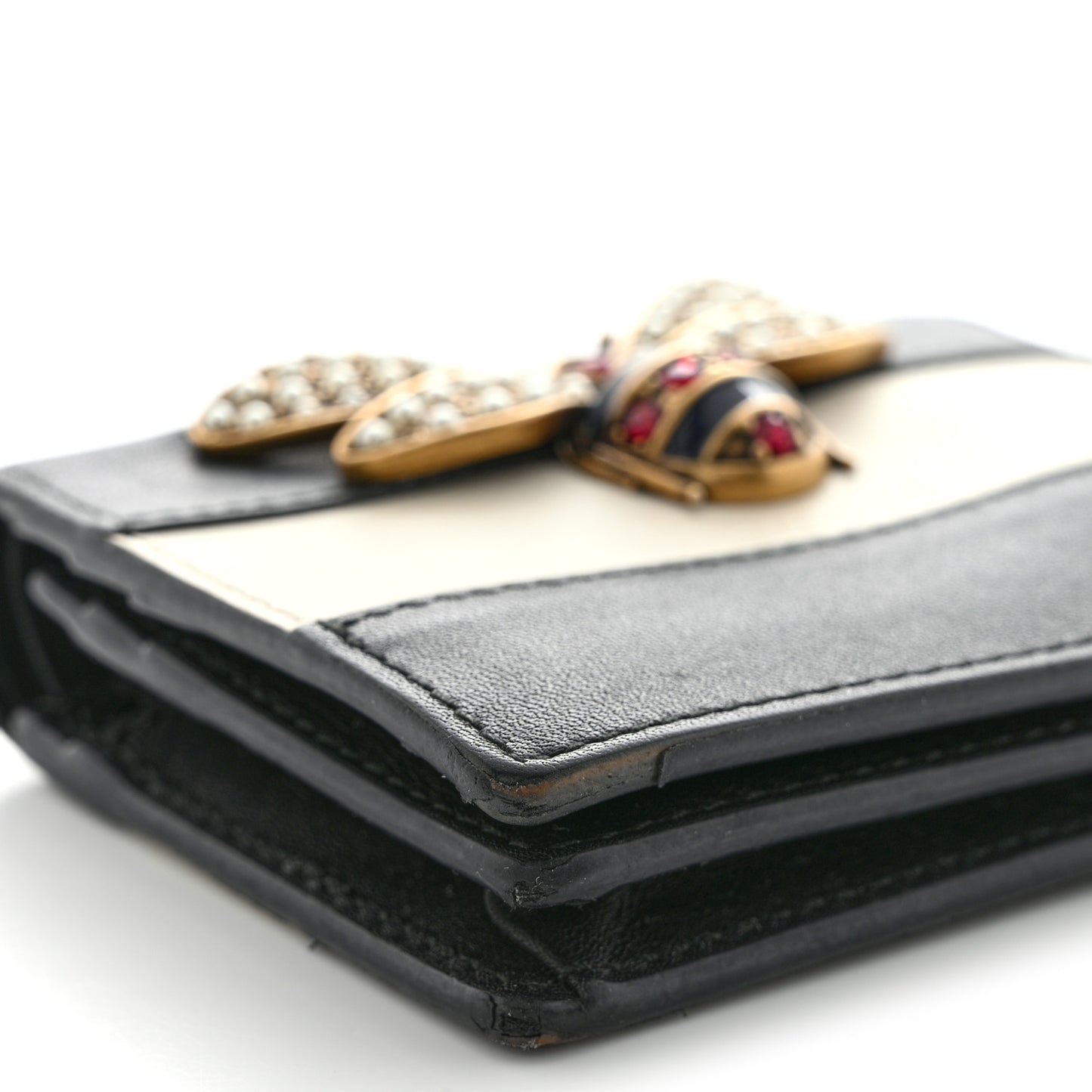 Calfskin Queen Margaret Card Case Wallet Black Mystic White