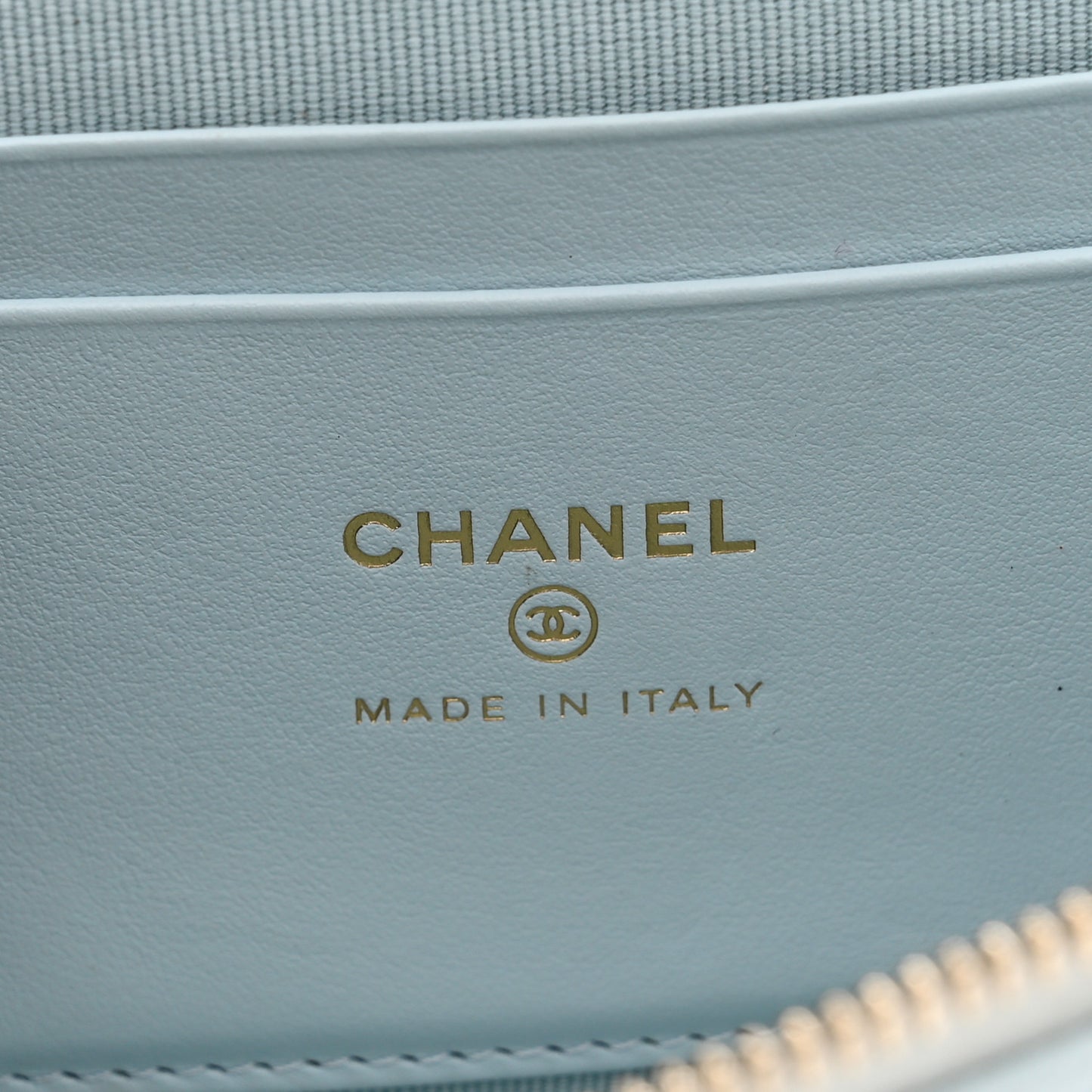 Caviar Quilted Top Handle Slim Vanity With Chain Light Blue