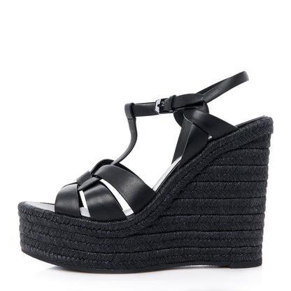 Saint Laurent Calfskin Tribute 95 Platform Espadrille Wedge Sandals 39 Black 1 of 8