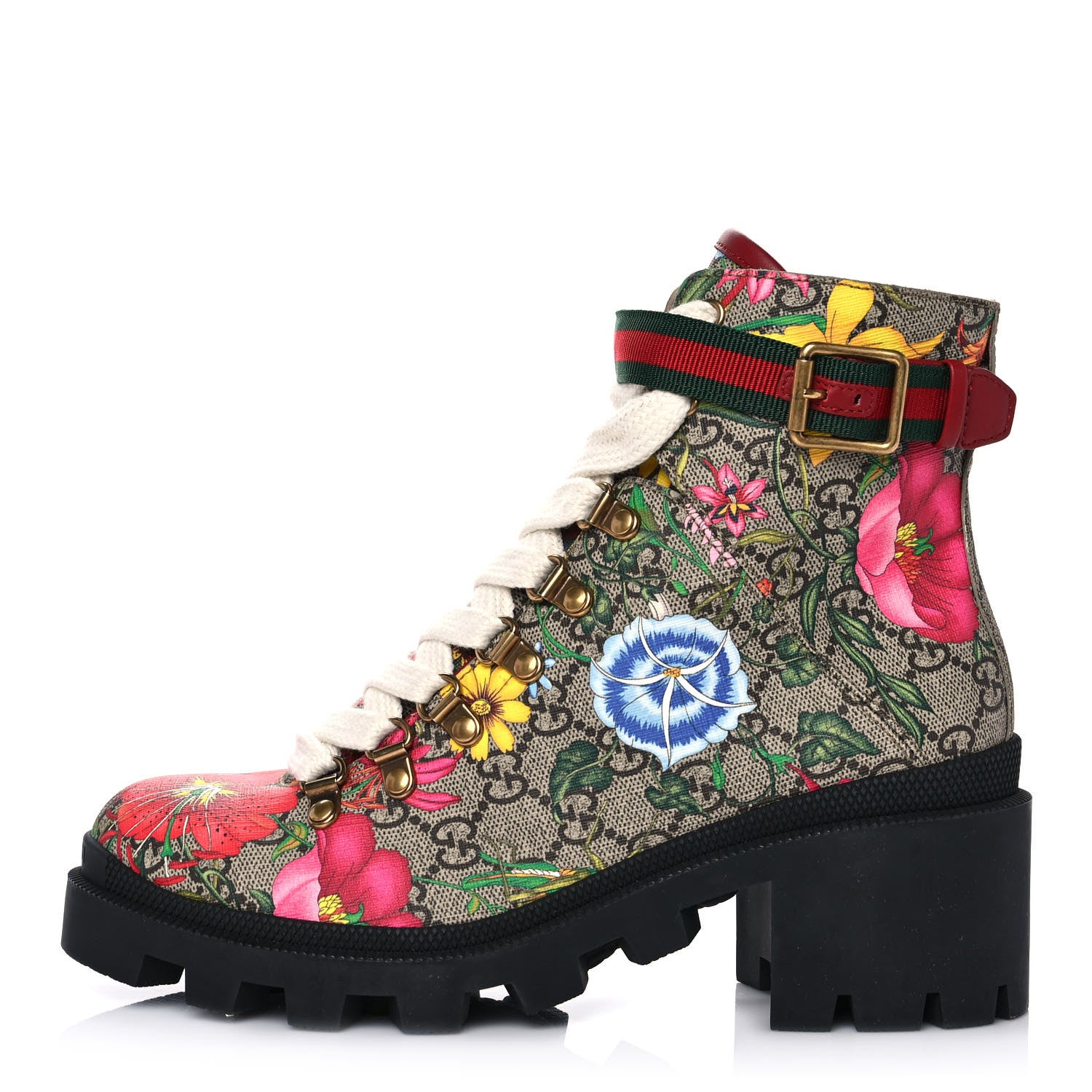 Gucci GG Supreme Monogram Flora Lace Up Combat Ankle Boots 37.5 Beige Multicolor Red 1 of 8