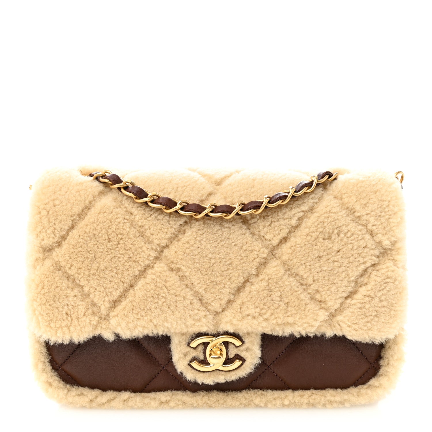 Chanel Shearling Lambskin Quilted Furry Coco Flap Beige Dark Brown 2 of 21