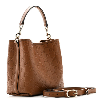 Gucci GG Calfskin Embossed Emblem Small Bucket Bag Brown 3 of 10