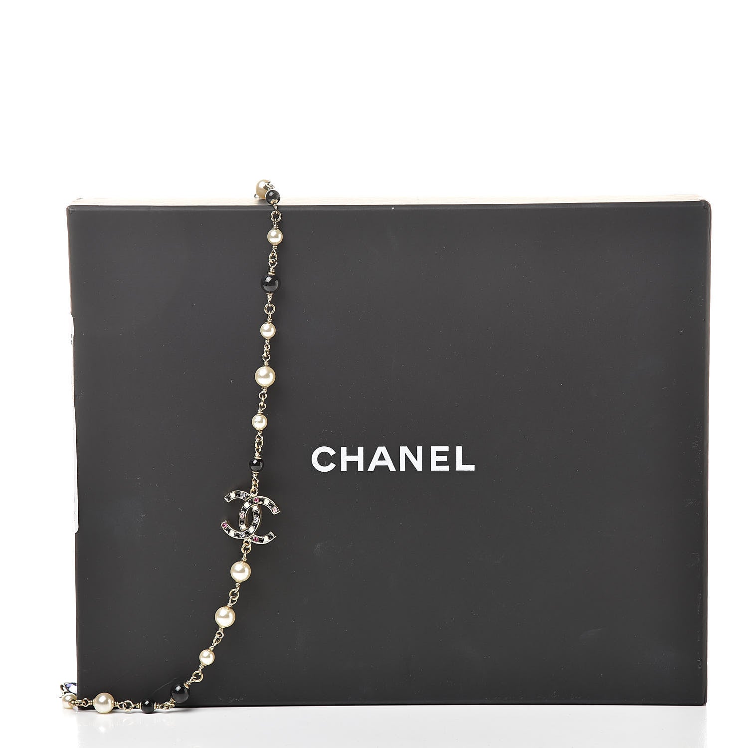 Chanel Pearl Crystal Bead CC Long Necklace Gold Black White Pink 5 of 5
