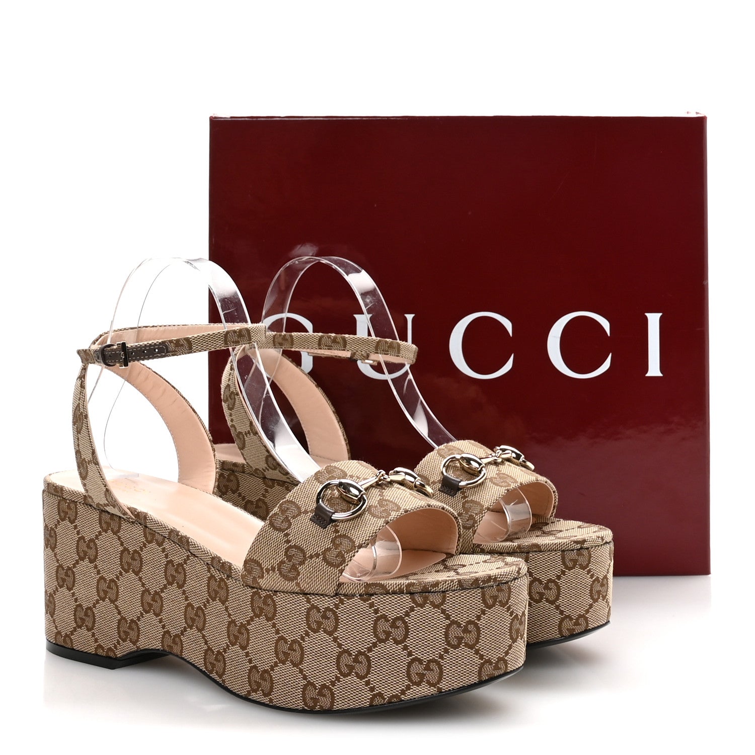 Gucci Monogram Nappa Chalotte Horsebit Ankle Strap 75mm Flatform Sandals 40.5 Beige Ebony 8 of 8