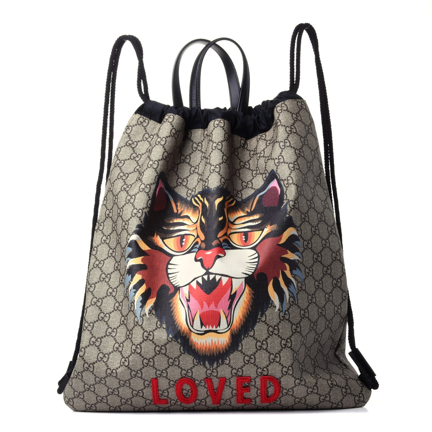 GG Supreme Monogram Angry Cat Drawstring Backpack