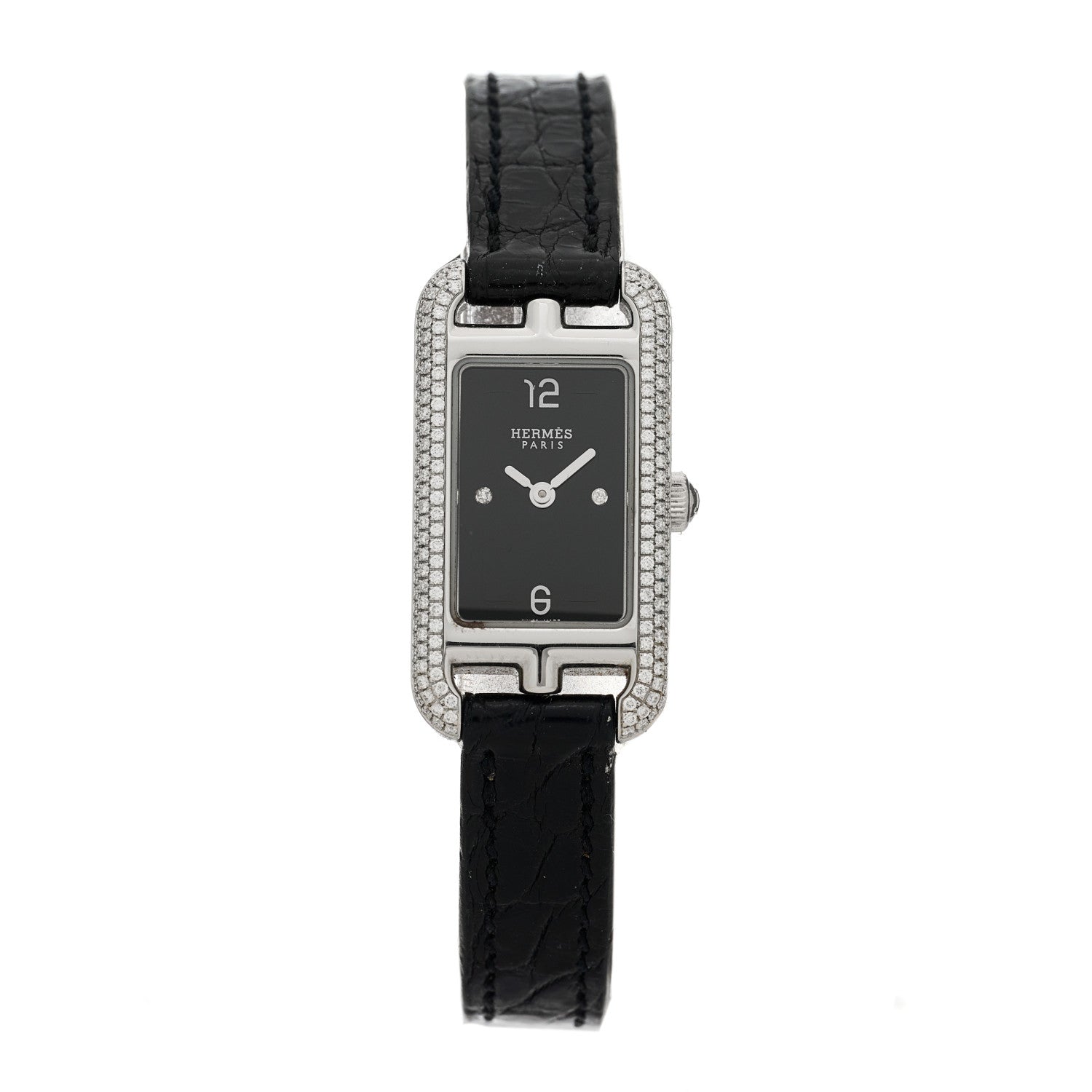 Hermes Stainless Steel Alligator Diamond 17mm Nantucket Serti Joaillier Quartz Watch Noir 1 of 5