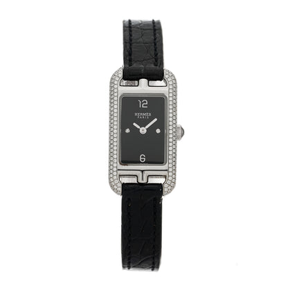 Hermes Stainless Steel Alligator Diamond 17mm Nantucket Serti Joaillier Quartz Watch Noir 1 of 5