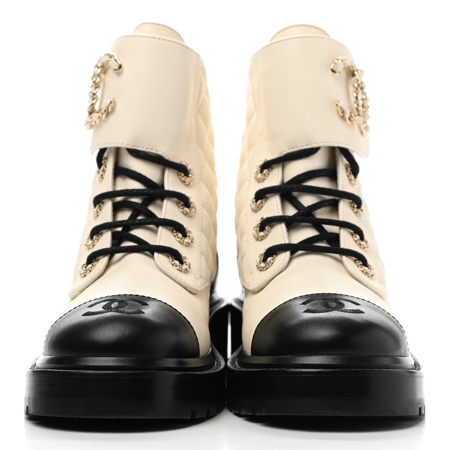 Chanel Shiny Goatskin Calfskin Quilted Lace Up Combat Boots 35.5 Ivory Black 2 of 10