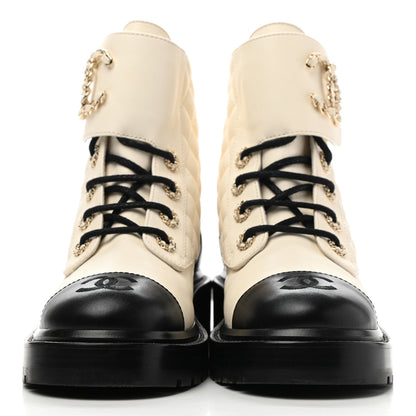 Chanel Shiny Goatskin Calfskin Quilted Lace Up Combat Boots 35.5 Ivory Black 2 of 10