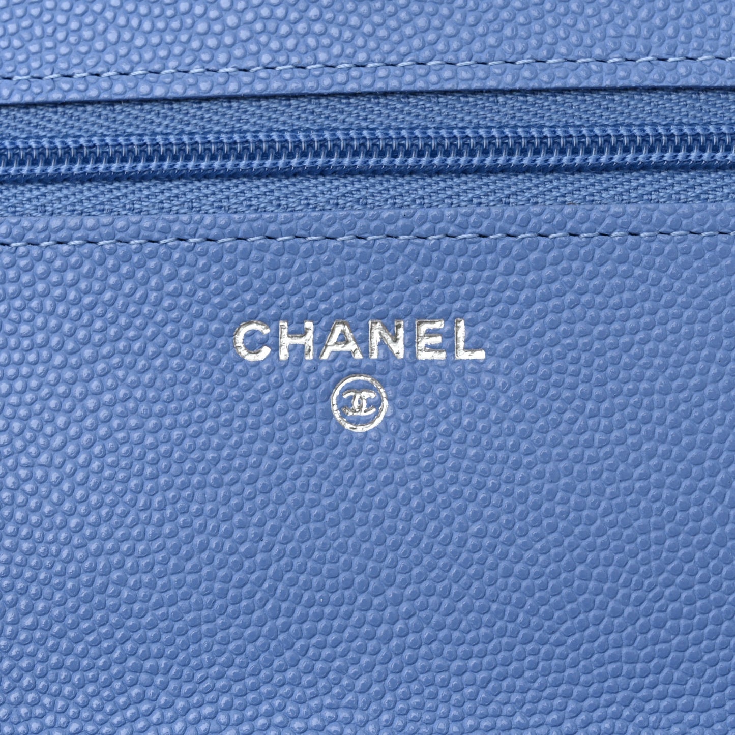 Caviar Quilted Ribbed Metal Wallet on Chain WOC Blue