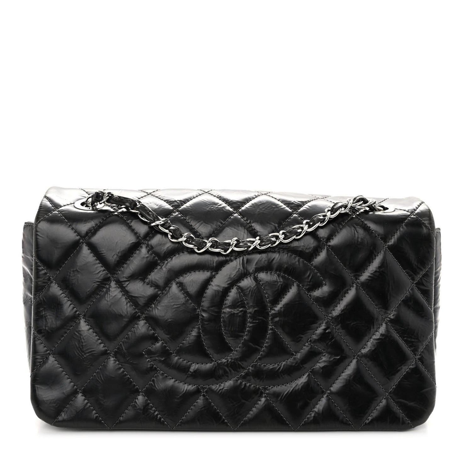 Glazed Calfskin Quilted CC Single Flap Black