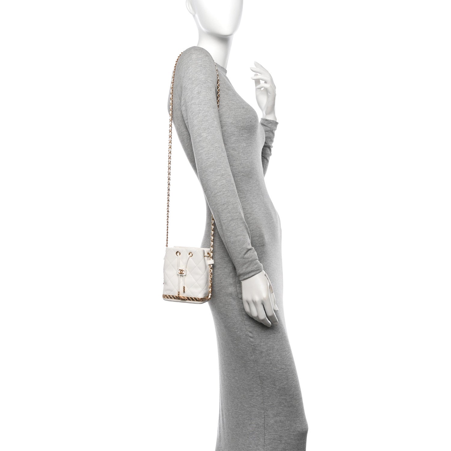 Chanel Metal Lambskin Quilted Small Chain Bucket Bag White 2 of 12