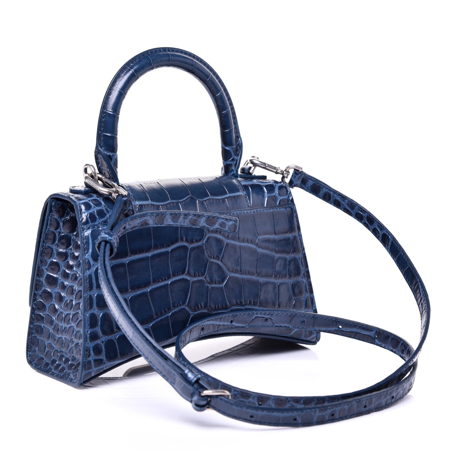 Balenciaga Shiny Calfskin Crocodile Embossed Hourglass Top Handle Bag XS Denim Blue 3 of 11