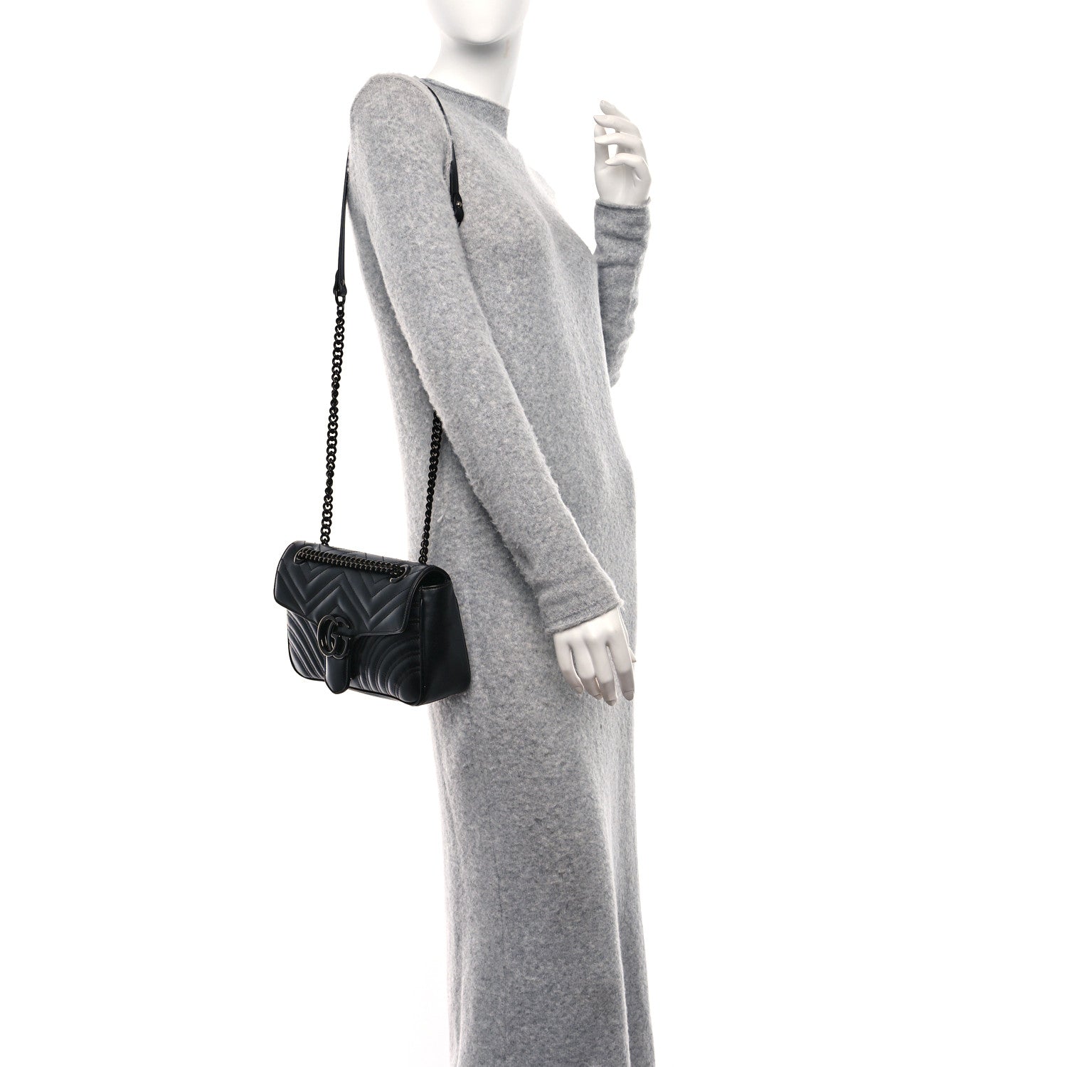 Gucci Calfskin Matelasse Monochrome Small GG Marmont Shoulder Bag Black 2 of 12