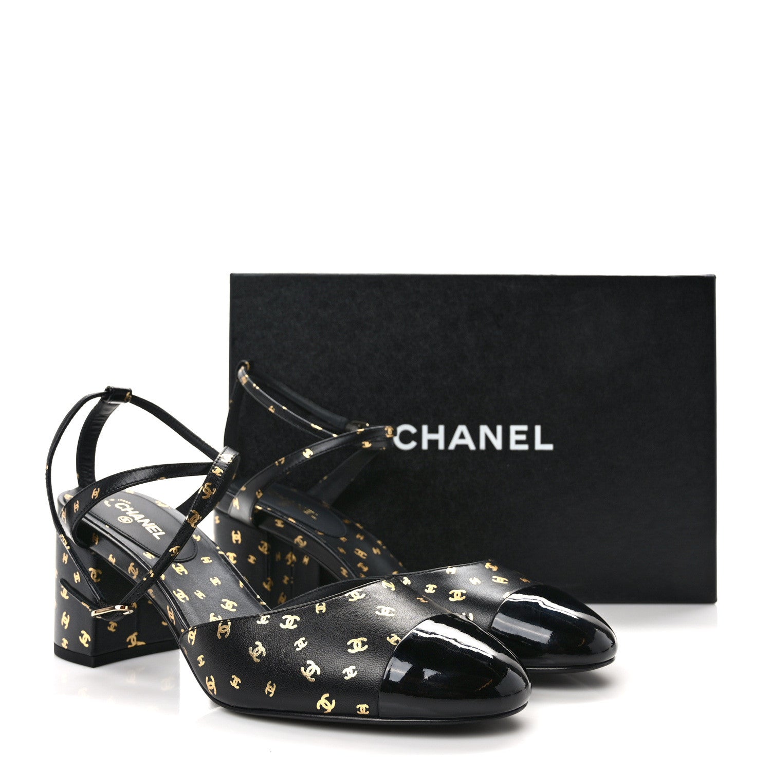 Chanel Printed Lambskin Patent Calfskin CC Slingbacks 41 Black Gold 9 of 9