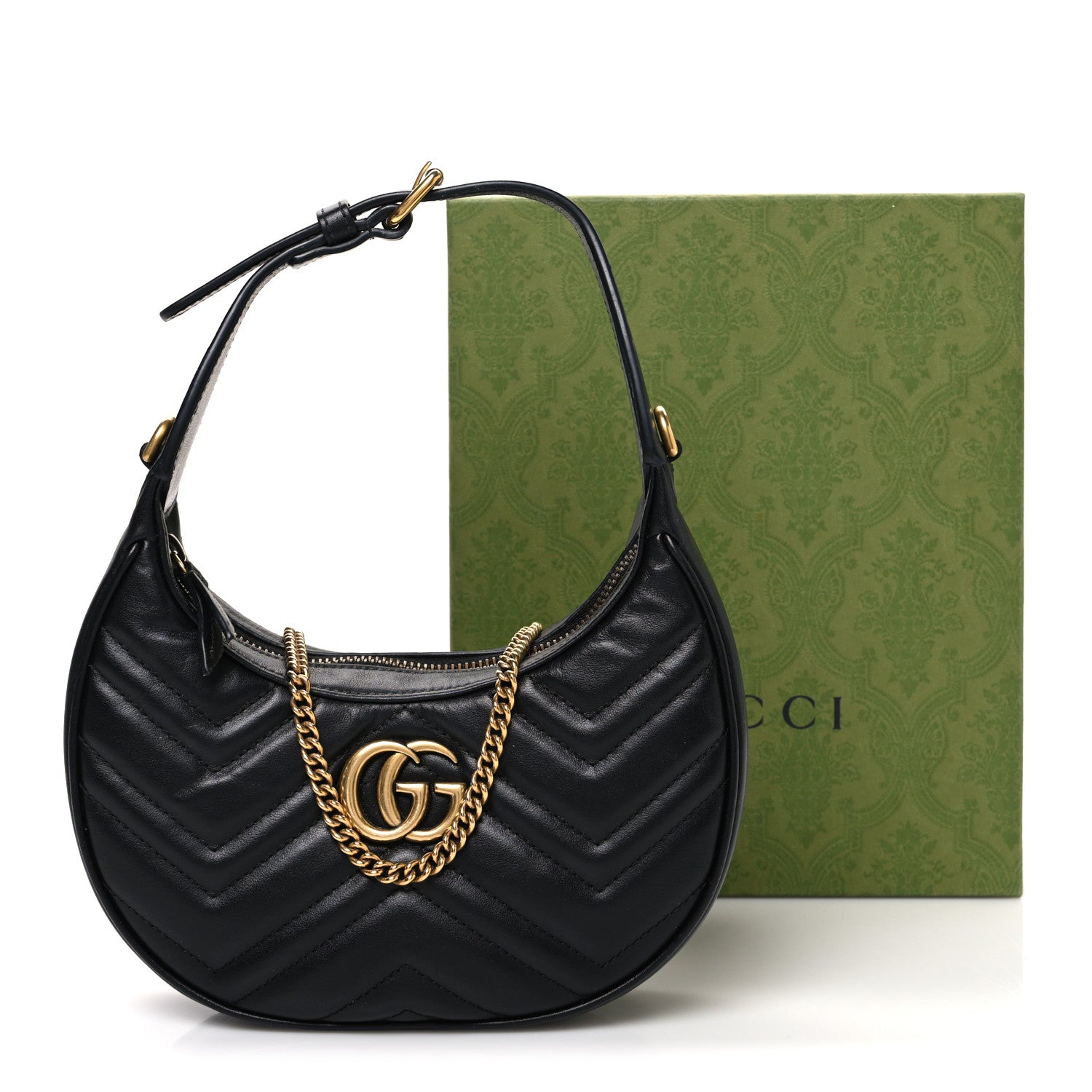 Gucci Calfskin Matelasse Chevron Mini GG Marmont Half Moon Hobo Black 11 of 11