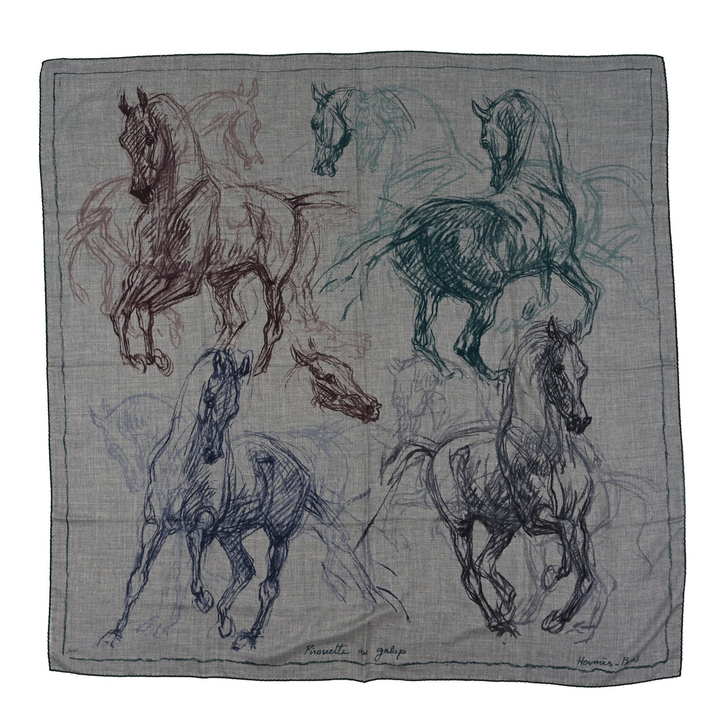 Cashmere Silk Pirouette au Galop Shawl 140 Gris Chine Prune Vert