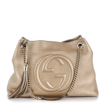 Gucci Metallic Pebbled Calfskin Medium Soho Chain Shoulder Bag Golden Beige 1 of 8