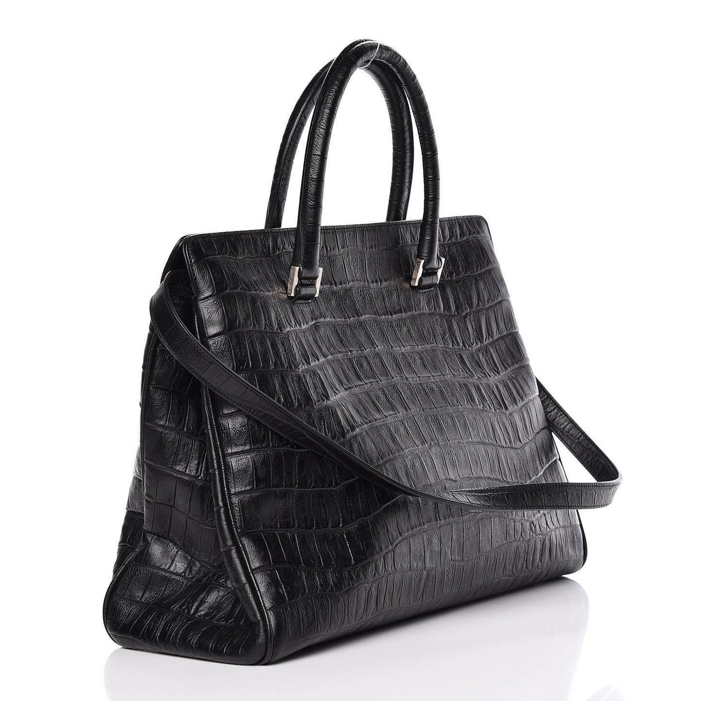 Calfskin Crocodile Embossed Medium Trois Class Tote Black