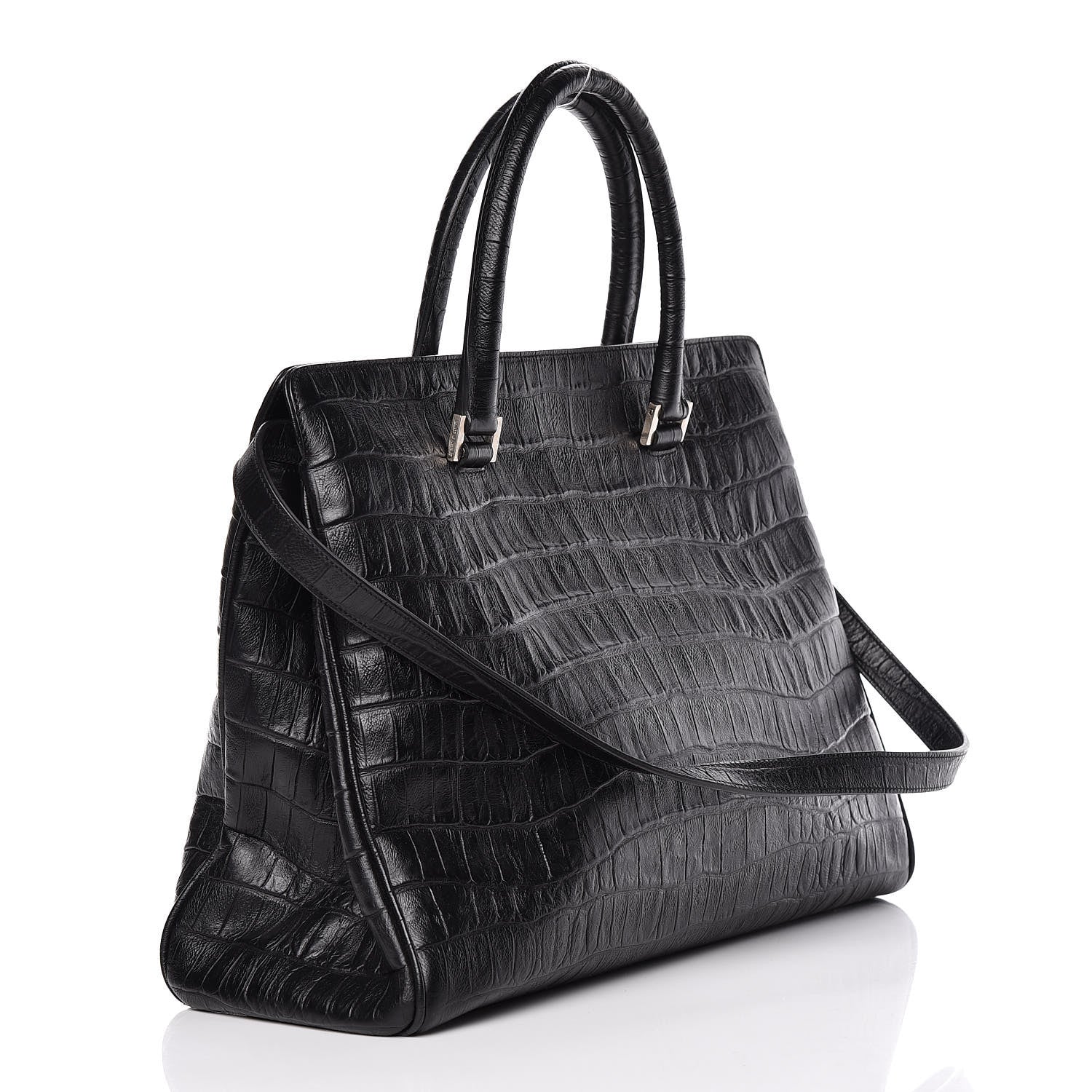 Saint Laurent Calfskin Crocodile Embossed Medium Trois Class Tote Black 3 of 9