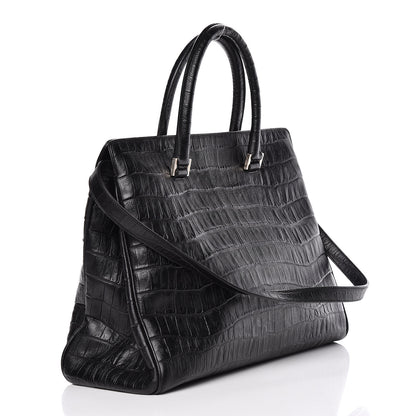 Saint Laurent Calfskin Crocodile Embossed Medium Trois Class Tote Black 3 of 9