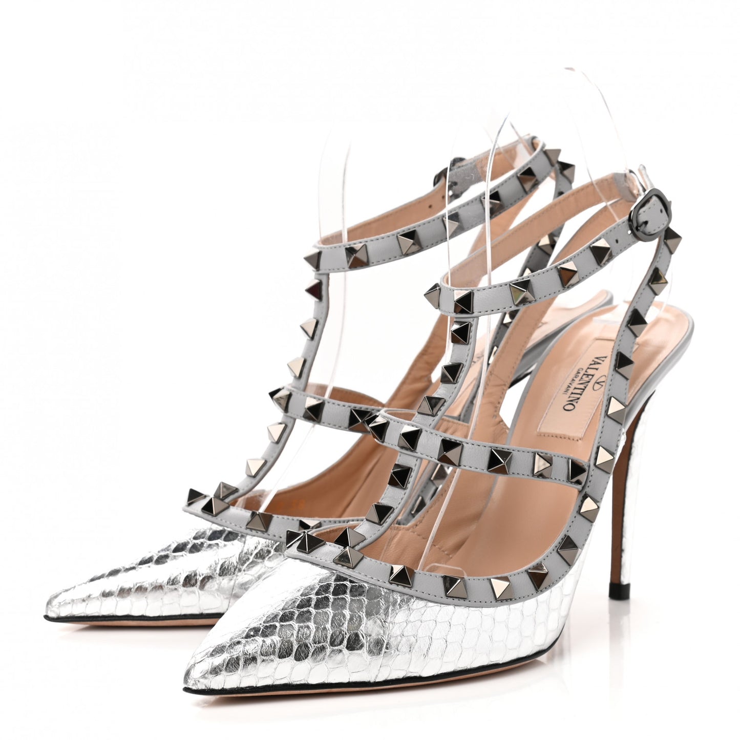 Metallic Watersnake Rockstud Ankle Strap 100mm Pumps 38 Silver Pastel Grey