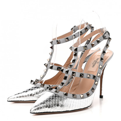 Valentino Garavani Metallic Watersnake Rockstud Ankle Strap 100mm Pumps 38 Silver Pastel Grey 3 of 8