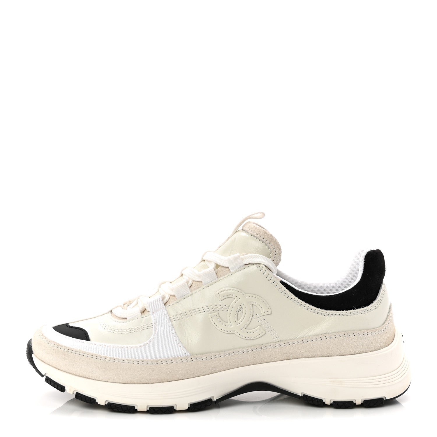 Chanel Suede Calfskin Womens CC Sneakers 36.5 White Black 1 of 10