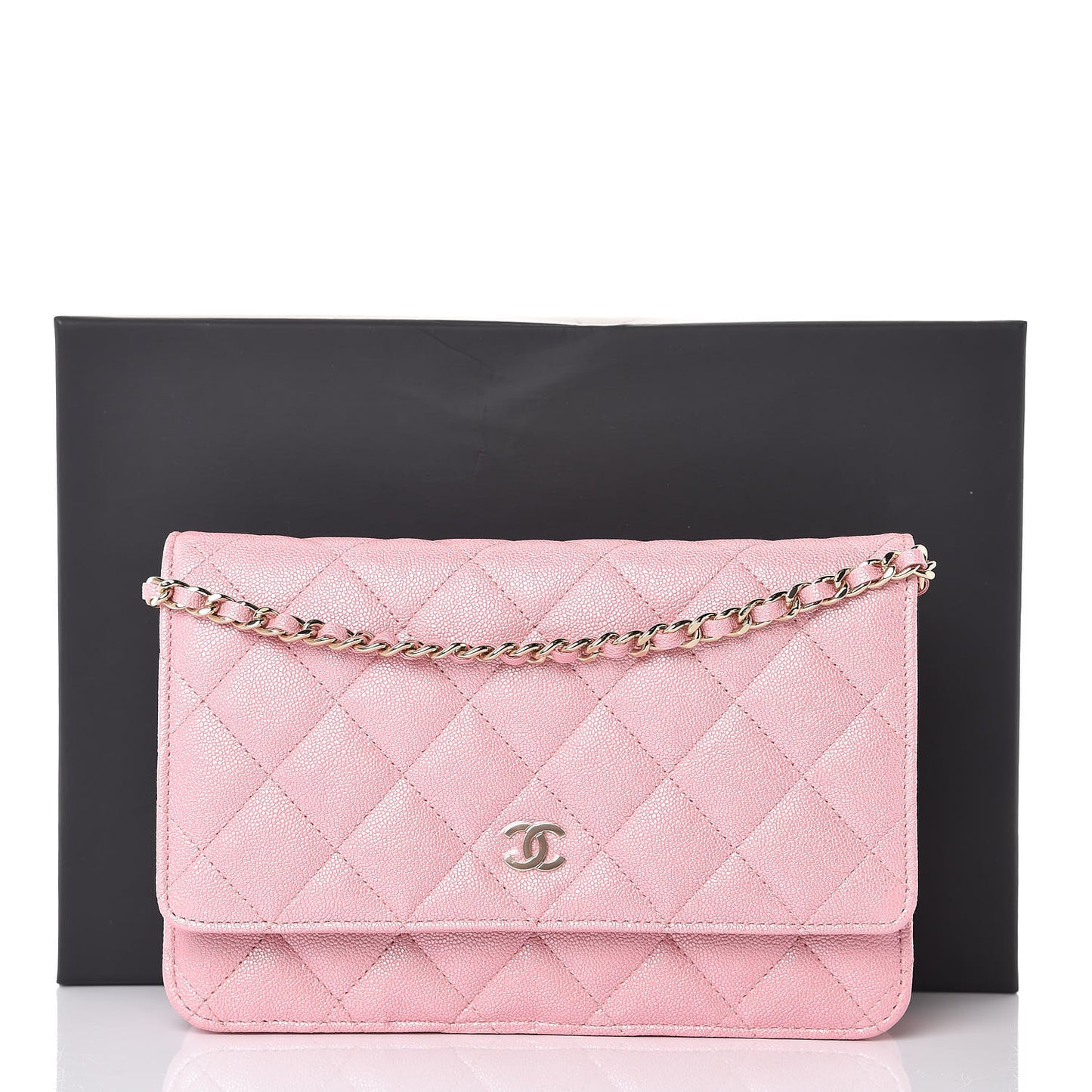 Iridescent Caviar Quilted Wallet on Chain WOC Rose Pink