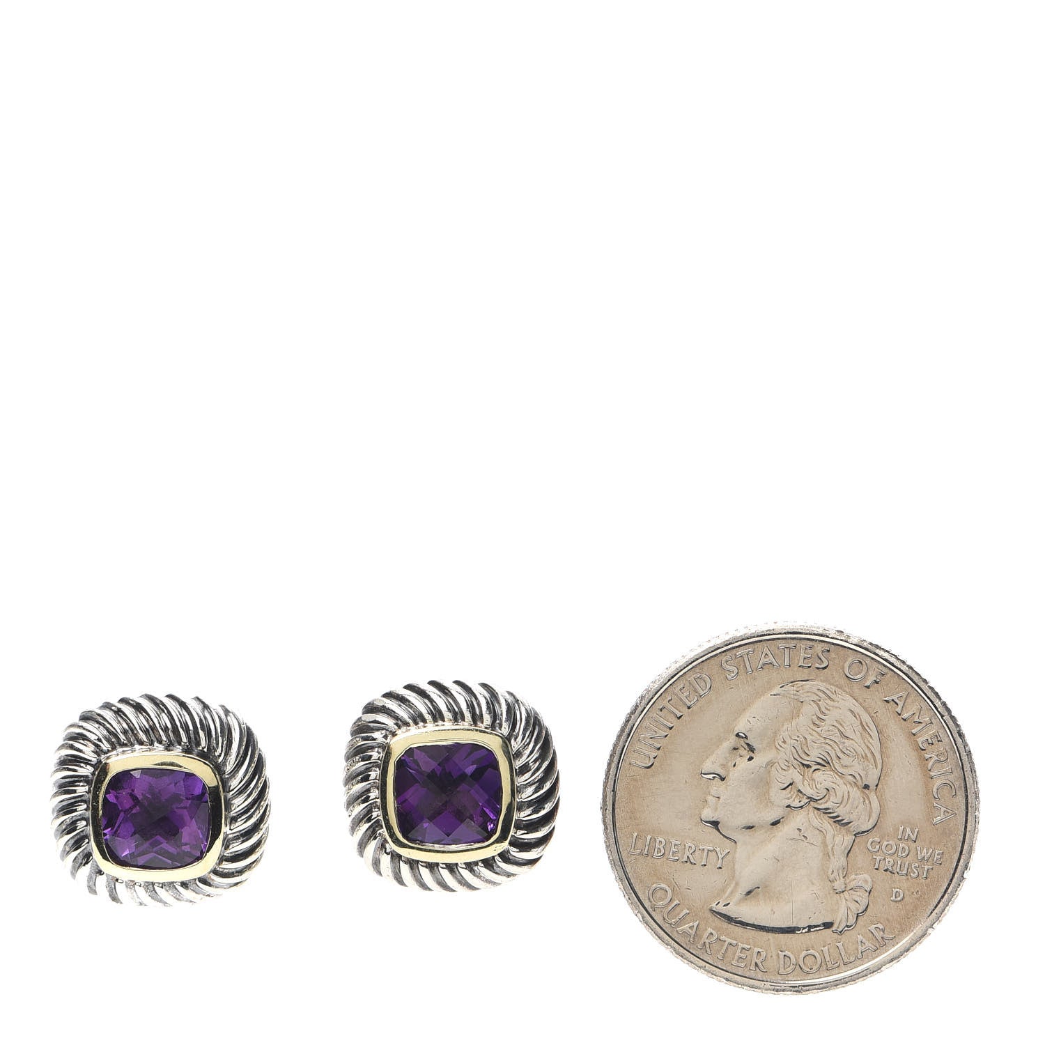 David Yurman Sterling Silver 14K Yellow Gold Amethyst 7mm Albion Earrings 2 of 5