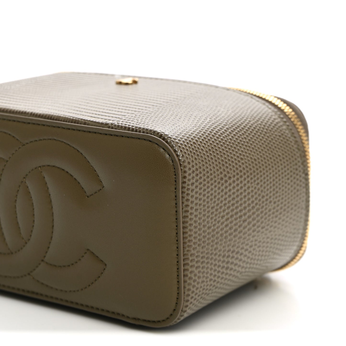 Calfskin Lizard Embossed Top Handle Slim Vanity With Chain  Dark Khaki