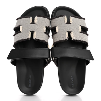 Hermes Techno Fringed H Canvas Caflskin Womens Chypre Sandals 41 Prunoir Black 2 of 10