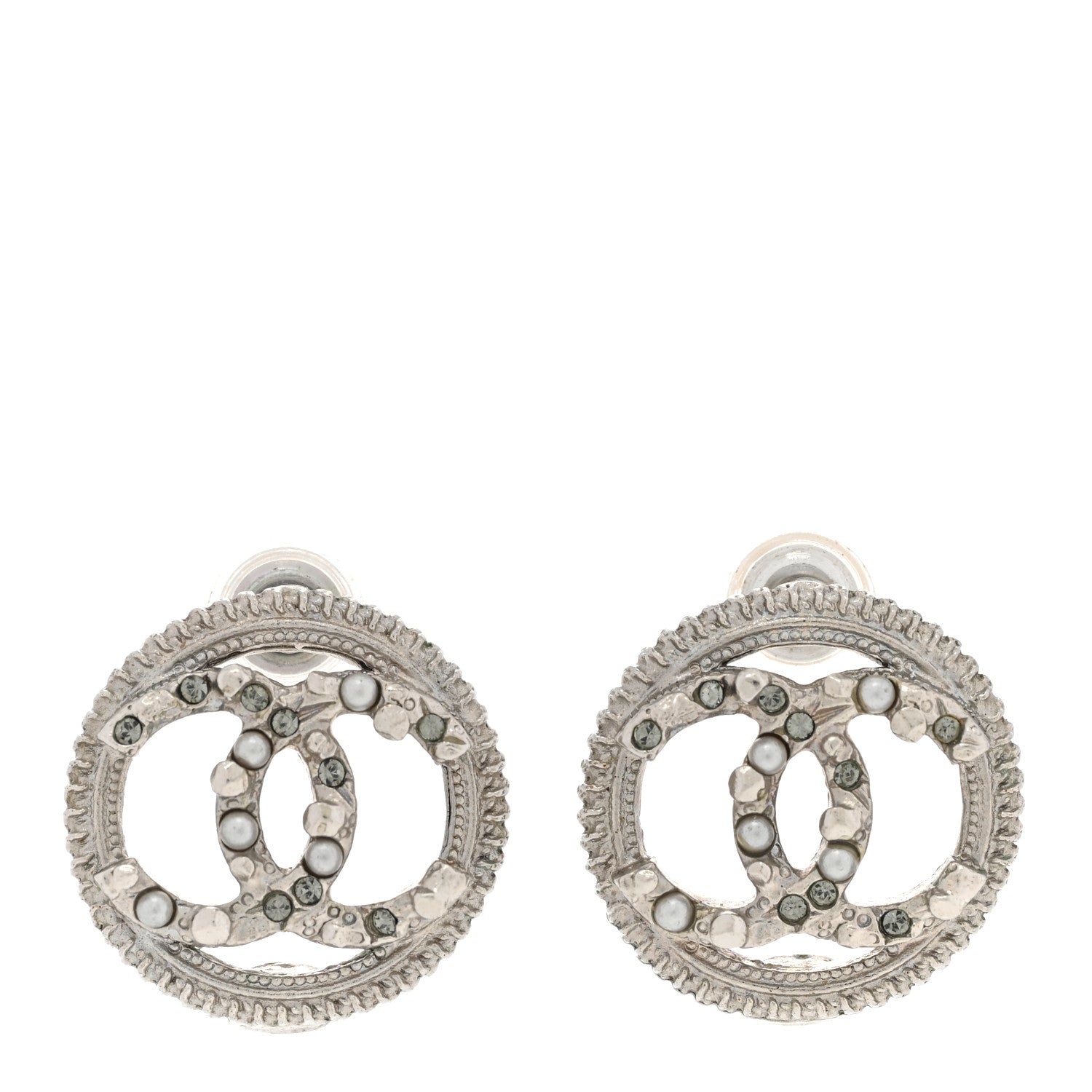 Chanel Pearl Crystal CC Round Earrings Silver 1 of 4