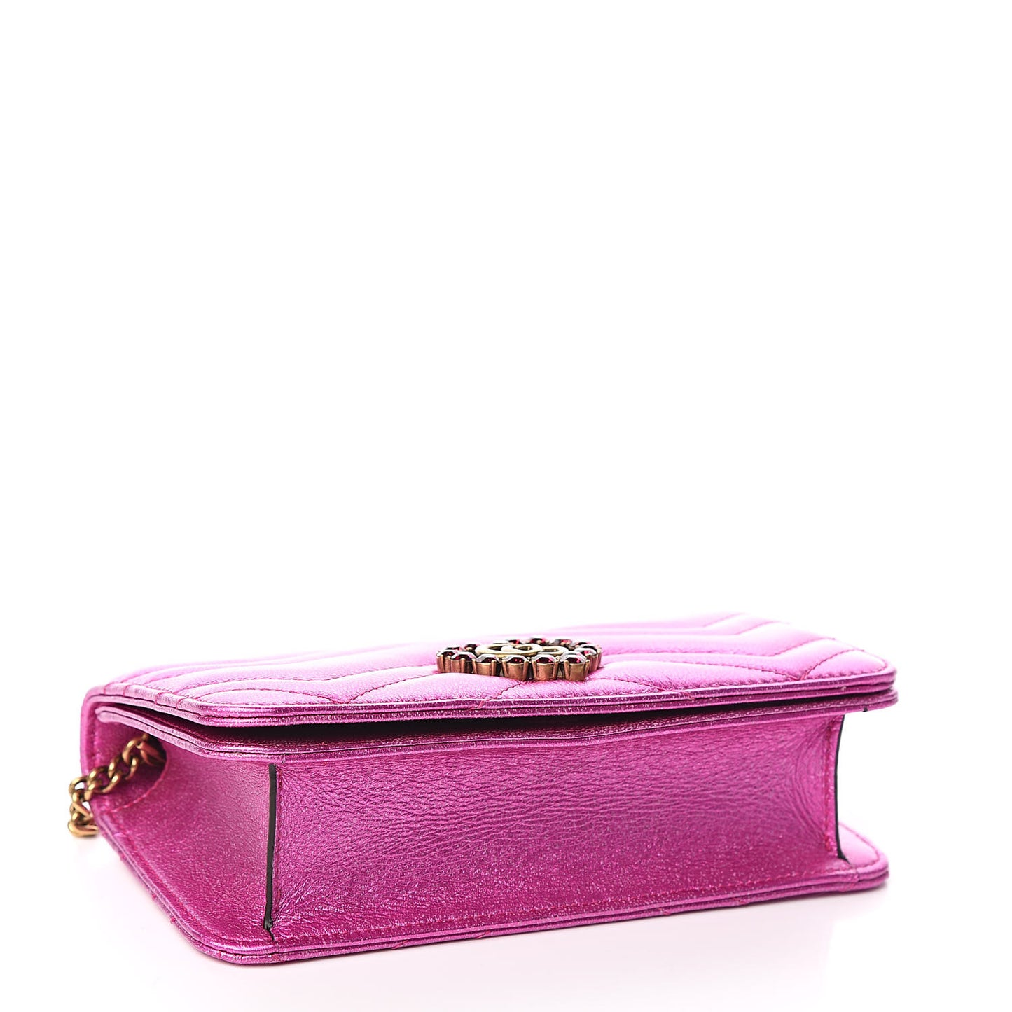 Metallic Calfskin Matelasse Crystal GG Marmont Mini Bag Fuchsia