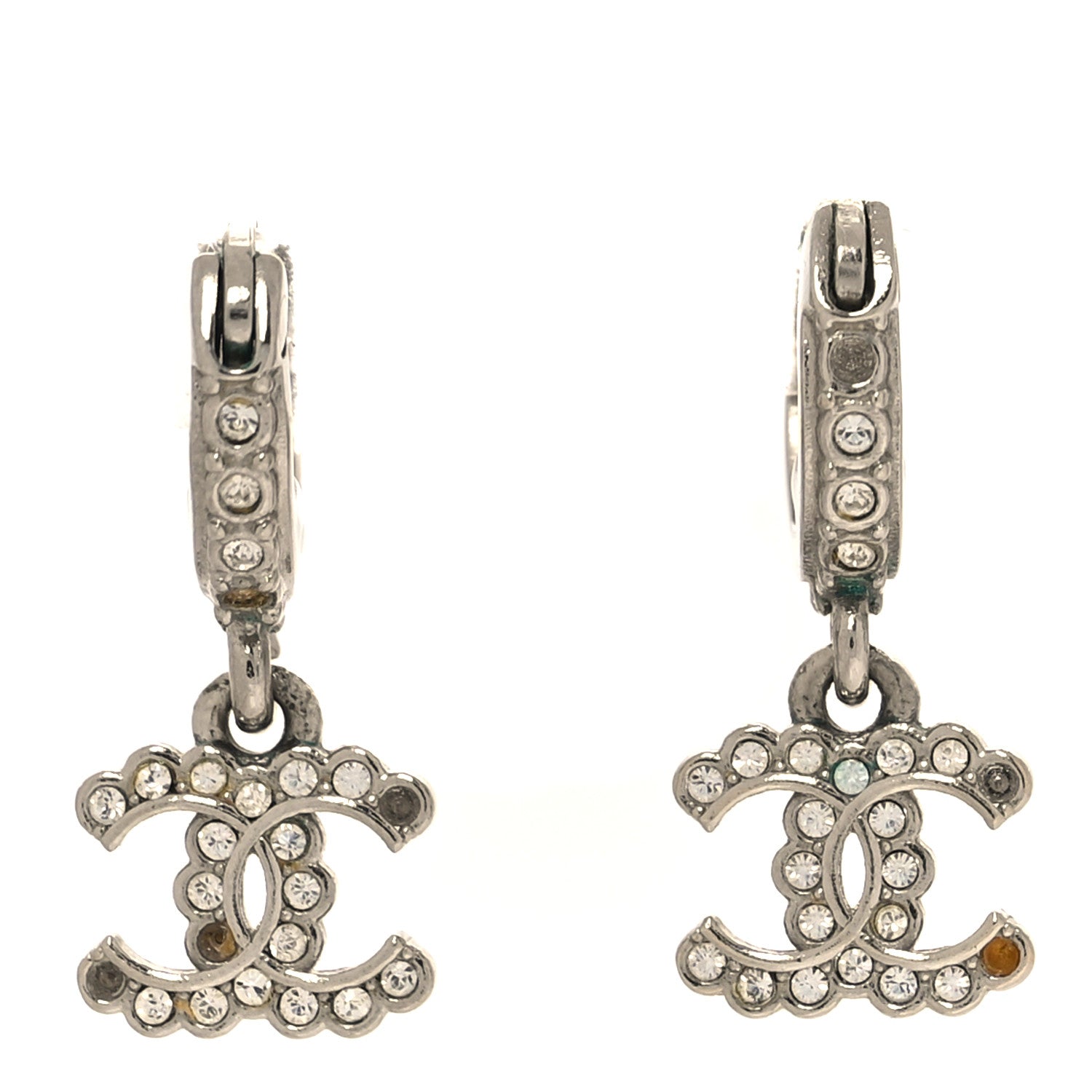 Chanel Metal Crystal CC Hoop Drop Earrings Silver 1 of 6