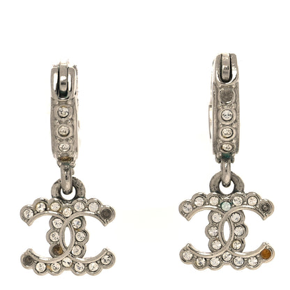 Chanel Metal Crystal CC Hoop Drop Earrings Silver 1 of 6