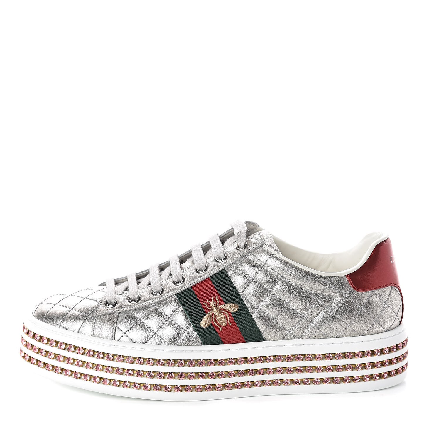 Laminated Nappa Crystal Web Bee Embroidered Trapuntata Womens Ace Platform Sneakers 38.5 Argento