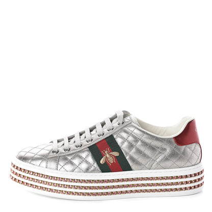 Gucci Laminated Nappa Crystal Web Bee Embroidered Trapuntata Womens Ace Platform Sneakers 38.5 Argento 1 of 7
