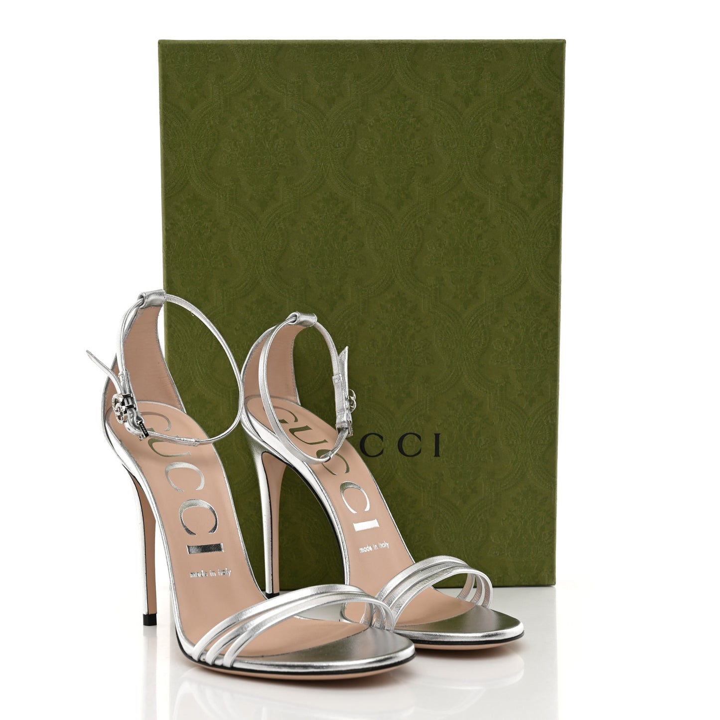Nappa Silk Crystal GG Ankle Strap High Heel Sandals 37 Argento