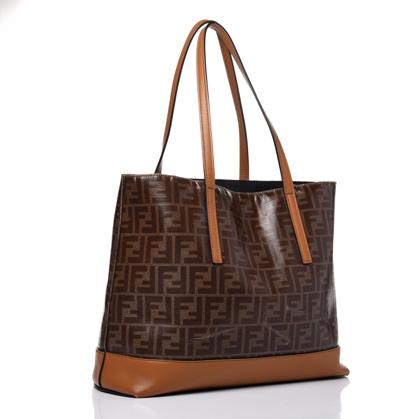 Glazed Fabric Vitello Century FF 1974 Stamp Patch Shopping Tote Mogano Panna Caramello