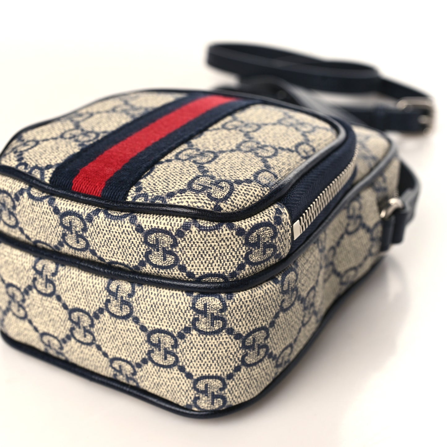 GG Supreme Monogram Textured Dollar Calfskin Web Mini Ophidia Double Zip Messenger Bag Beige Blue