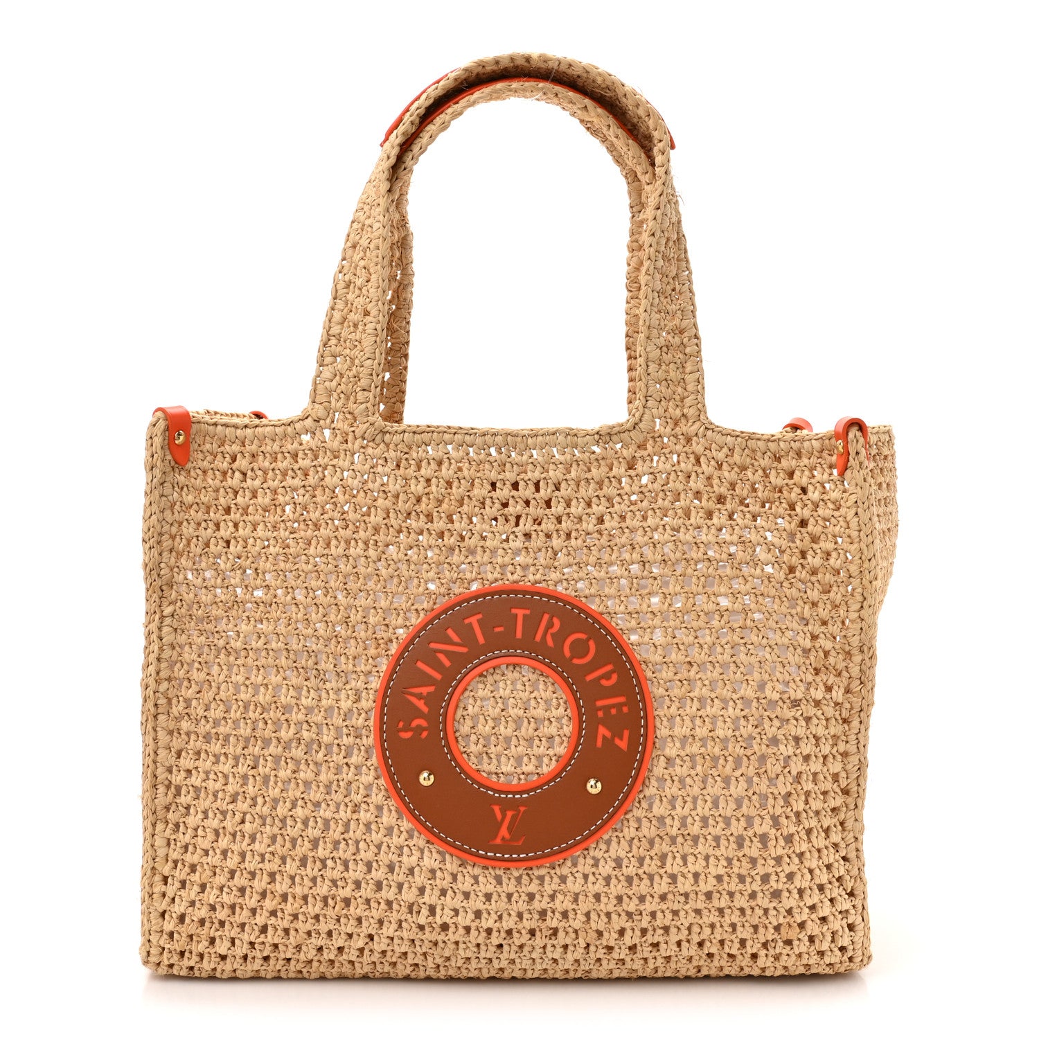 Louis Vuitton Raffia Calfskin Saint Tropez OnTheGo MM Natural Orange 1 of 12