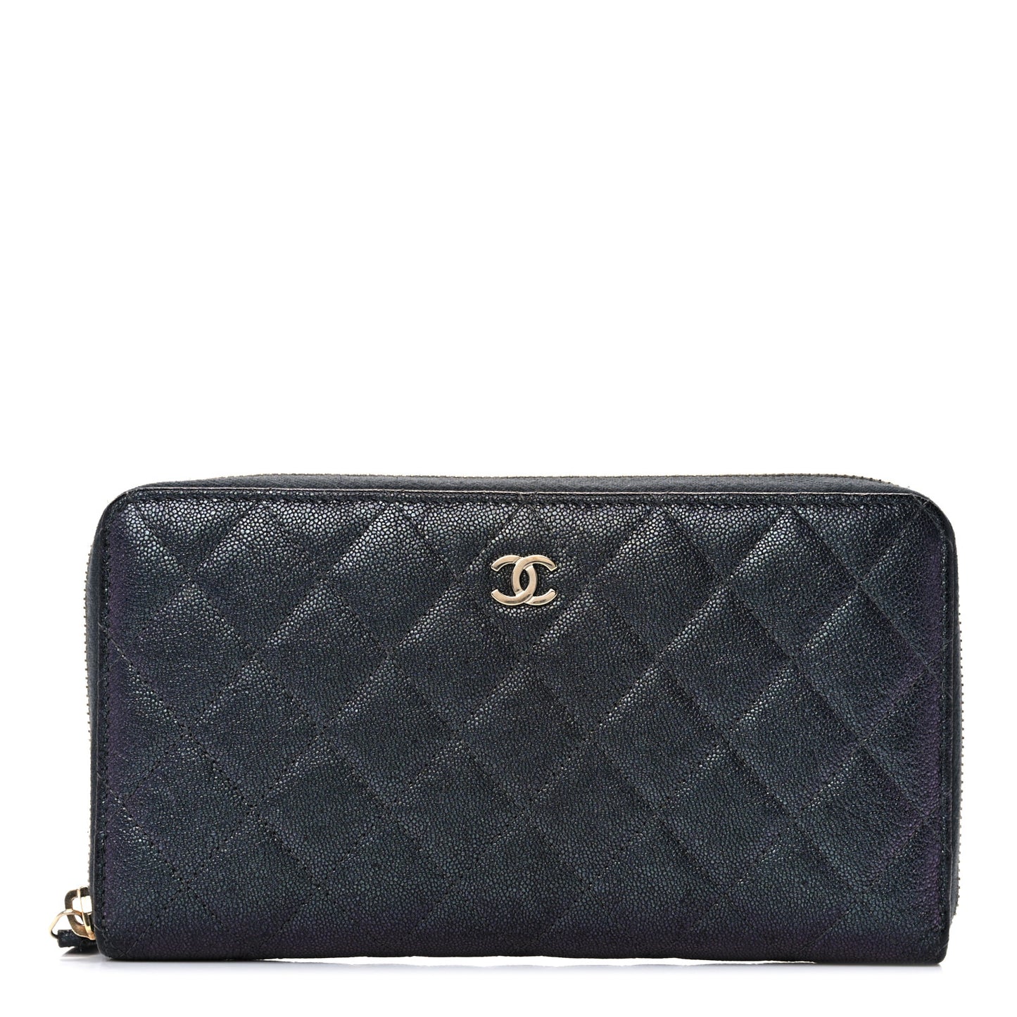 Iridescent Caviar Quilted Long Zip Around Wallet Black