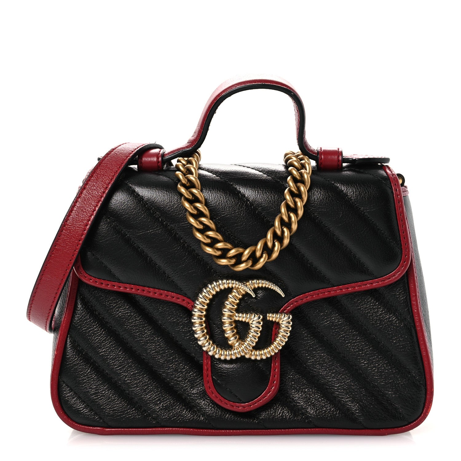 Gucci Vintage Effect Calfskin Matelasse Diagonal Mini Torchon GG Marmont Top Handle Shoulder Bag Black Romantic Cherry 1 of 14